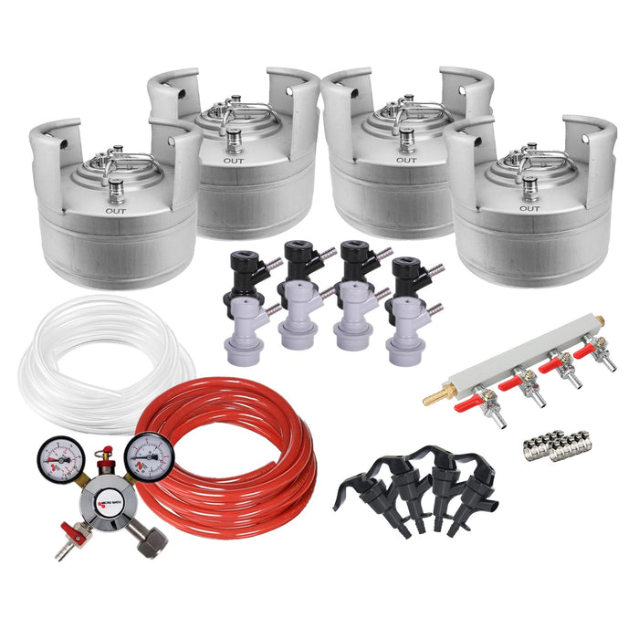 Ball Lock Homebrew Kegging Kit for Four 1.5 Gallon Cornelius Kegs with Picnic Taps, 4 Way Gas Manifold, and Dual Gauge Regulator    - Toronto Brewing