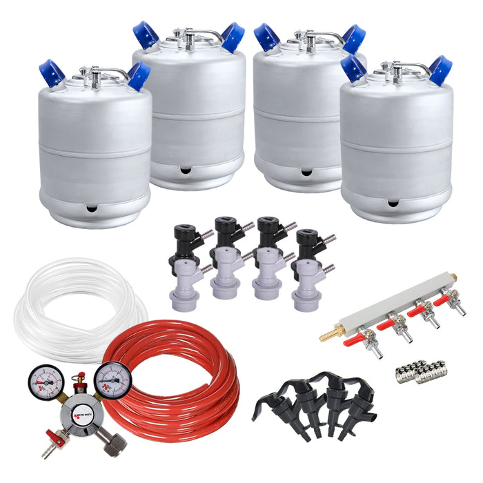 Ball Lock Homebrew Kegging Kit for Four 2.5 Gallon Cornelius Kegs with Picnic Taps, 4 Way Gas Manifold, and Dual Gauge Regulator    - Toronto Brewing