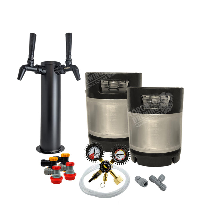 Ball Lock Homebrew Kegging Kit with Two 1.75 Gallon Cornelius Keg, Black Phantom Double Tap Tower, and Regulator