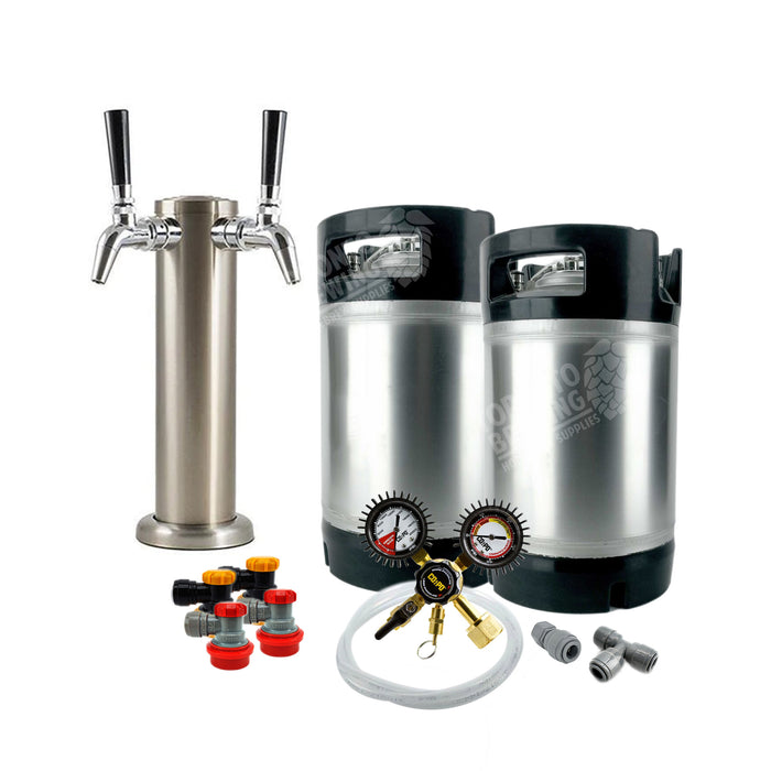 Ball Lock Homebrew Kegging Kit with Two 3 Gallon Cornelius Kegs, Double Tap Tower, and Regulator