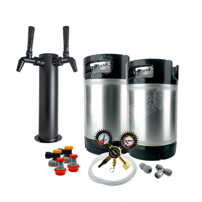 Ball Lock Homebrew Kegging Kit with Two 3 Gallon Cornelius Kegs, Black Phantom Double Tap Tower, and Regulator