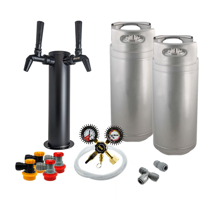 Ball Lock Homebrew Kegging Kit with Two 5 Gallon Cornelius Kegs, Black Phantom Double Tap Tower and Regulator