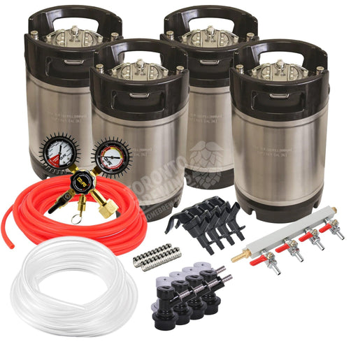 Basic Ball Lock Homebrew Kegging Kit for Four 2.5 Gallon Cornelius Kegs with Picnic Taps, 4 Way Gas Manifold, and Dual Gauge Regulator    - Toronto Brewing